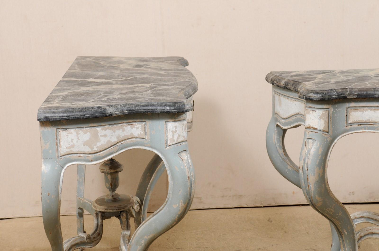 20th Century French Antique Pair of Shapely Carved and Painted Consoles with Faux Marble Tops
