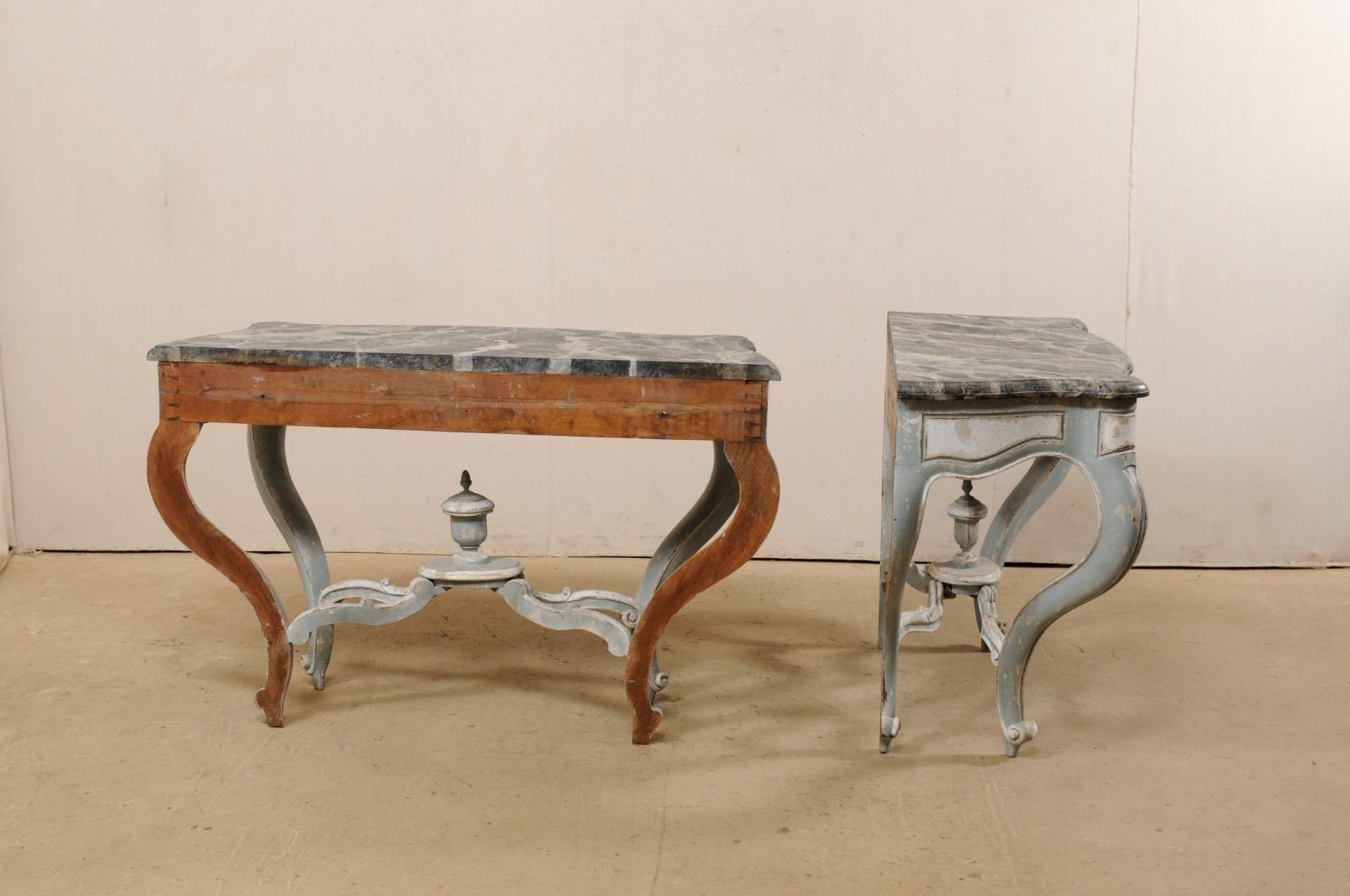 French Antique Pair of Shapely Carved and Painted Consoles with Faux Marble Tops 3
