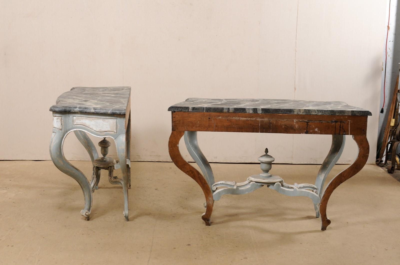French Antique Pair of Shapely Carved and Painted Consoles with Faux Marble Tops 4