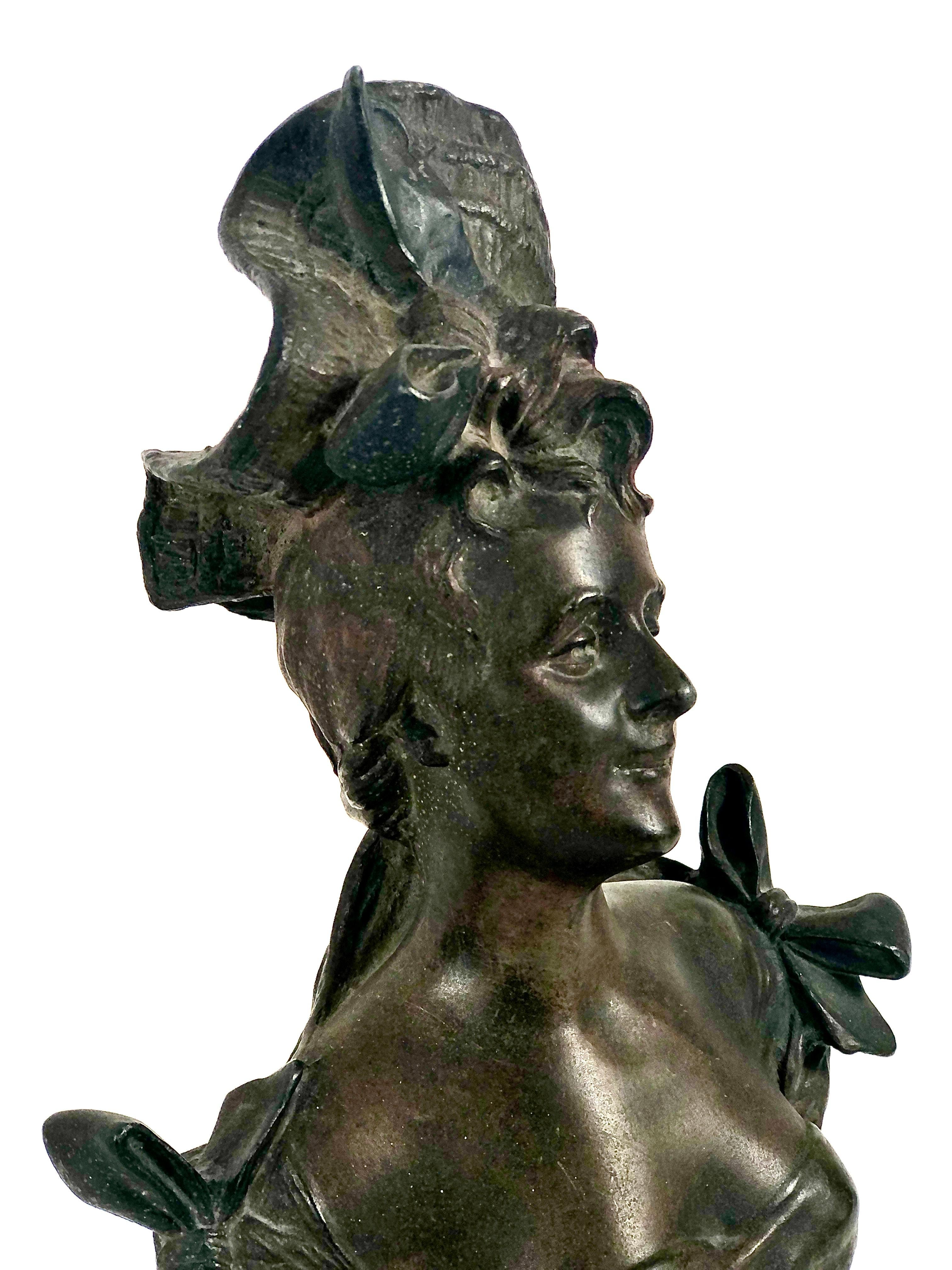 Unknown French Antique Patinated Bronze Bust of an Elegant Woman For Sale
