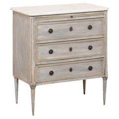 French Antique Petite Commode w/Marble Top 'Pale Blue/Gray w/Champagne Accents'