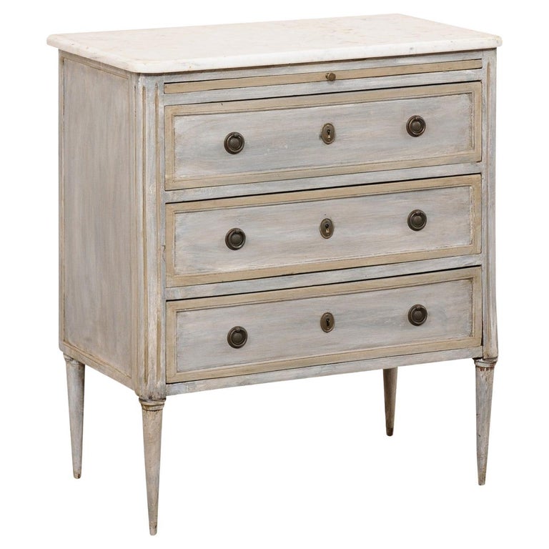 French Antique Petite Commode w/Marble Top 'Pale Blue/Gray w/Champagne ...