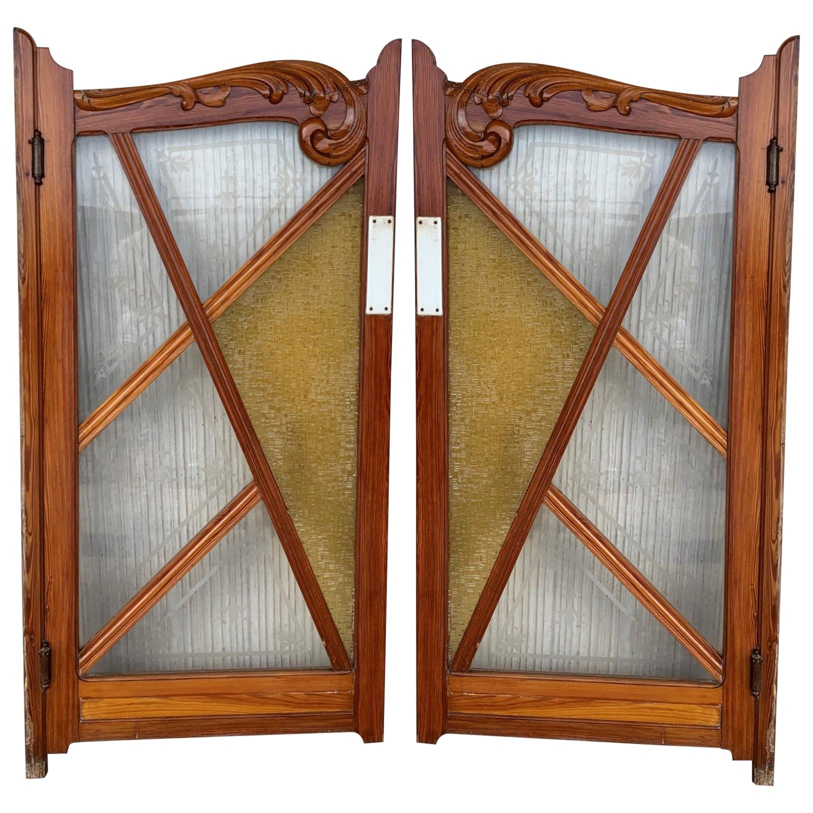 French Antique Pine and Stained Glass Swinging Pub or Saloon Doors