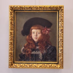 French Antique portrait of young redhead with hat, signed