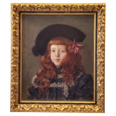 French Antique portrait of young redhead with hat, signed