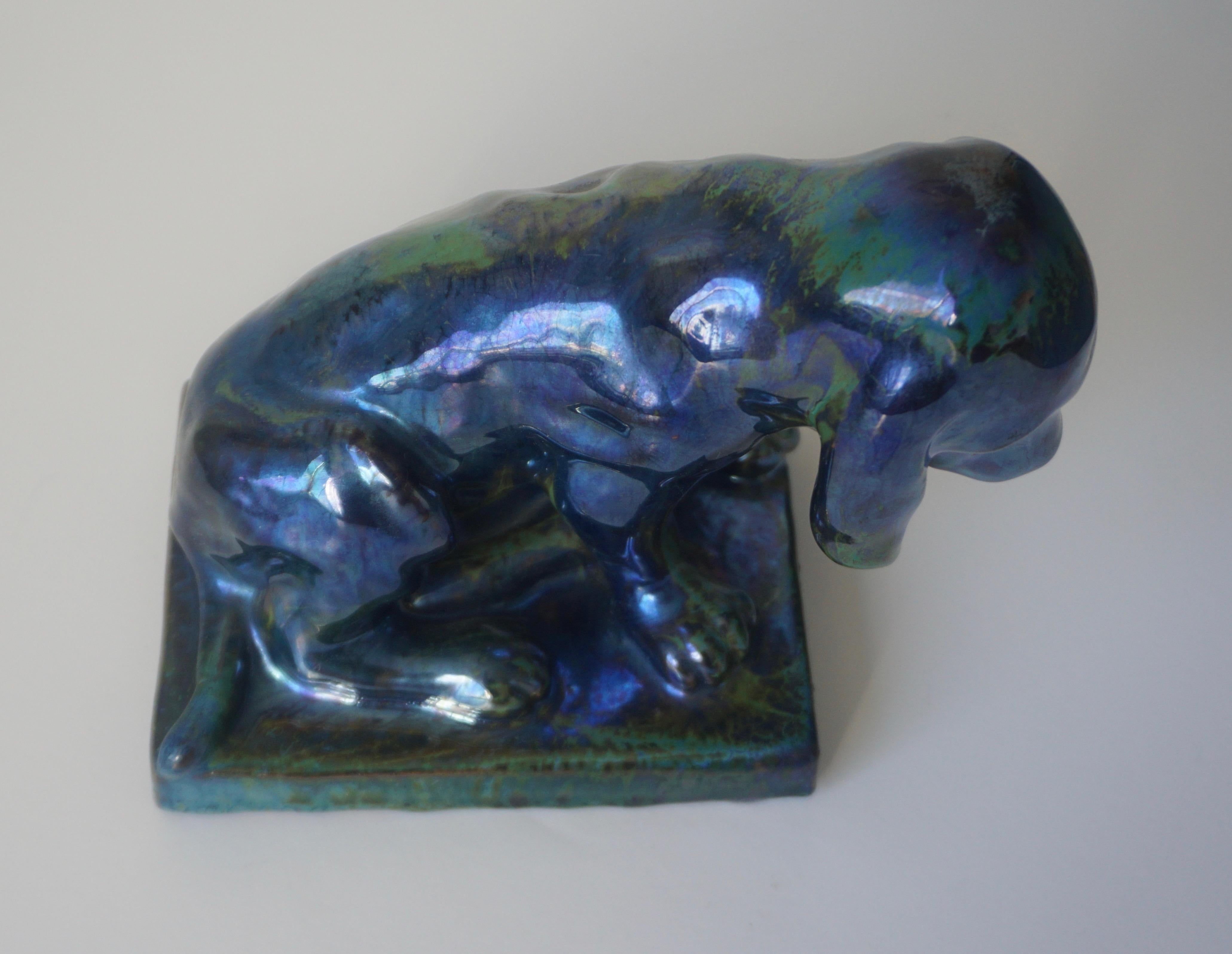 Ceramica antica francese Art Nouveau Smalto a lustro Blu Verde Cane Figura Scultura in vendita 7