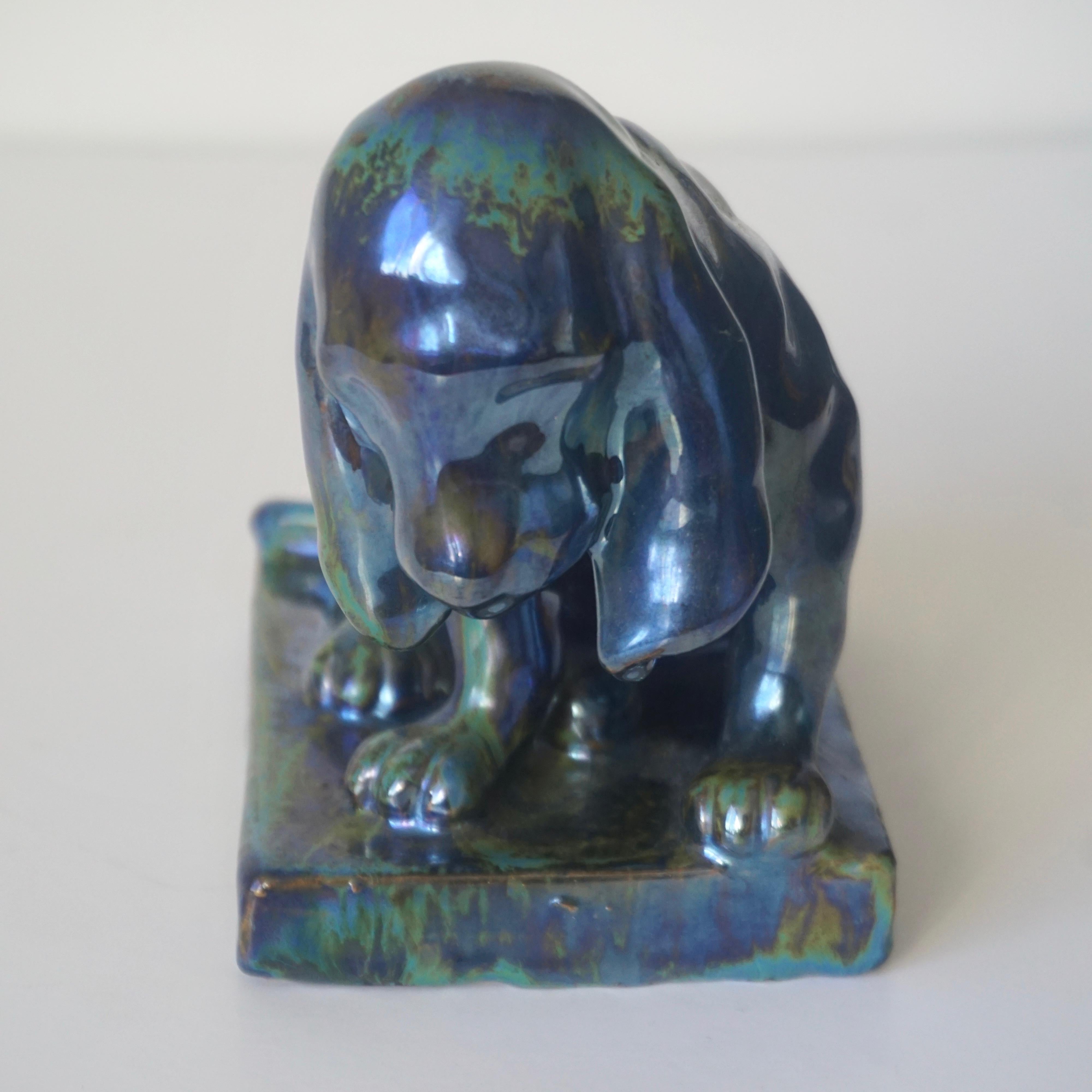 Ceramica antica francese Art Nouveau Smalto a lustro Blu Verde Cane Figura Scultura in vendita 10