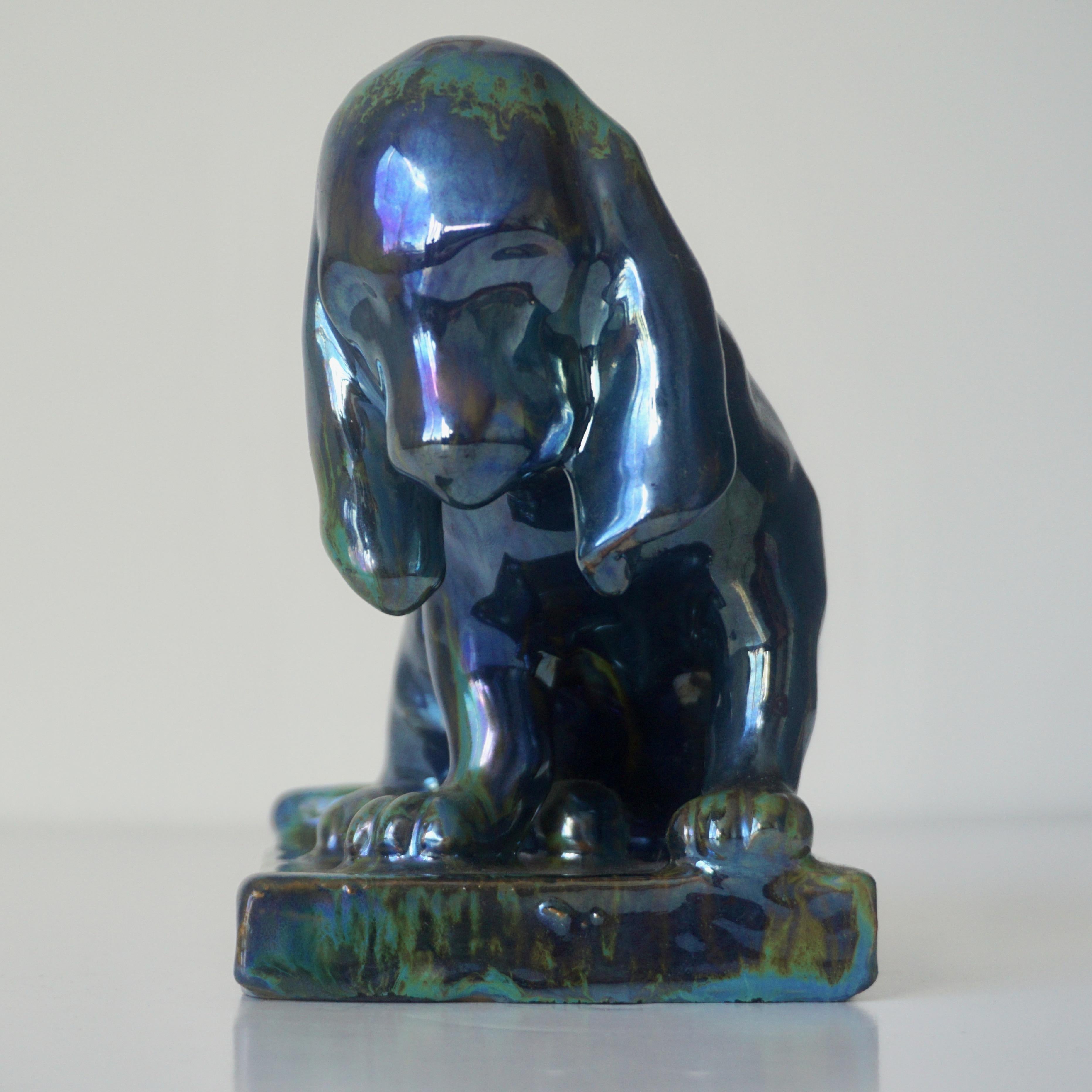 French Antique Pottery Art Nouveau Lustre Glaze Blue Green Dog Figure Sculpture For Sale 3