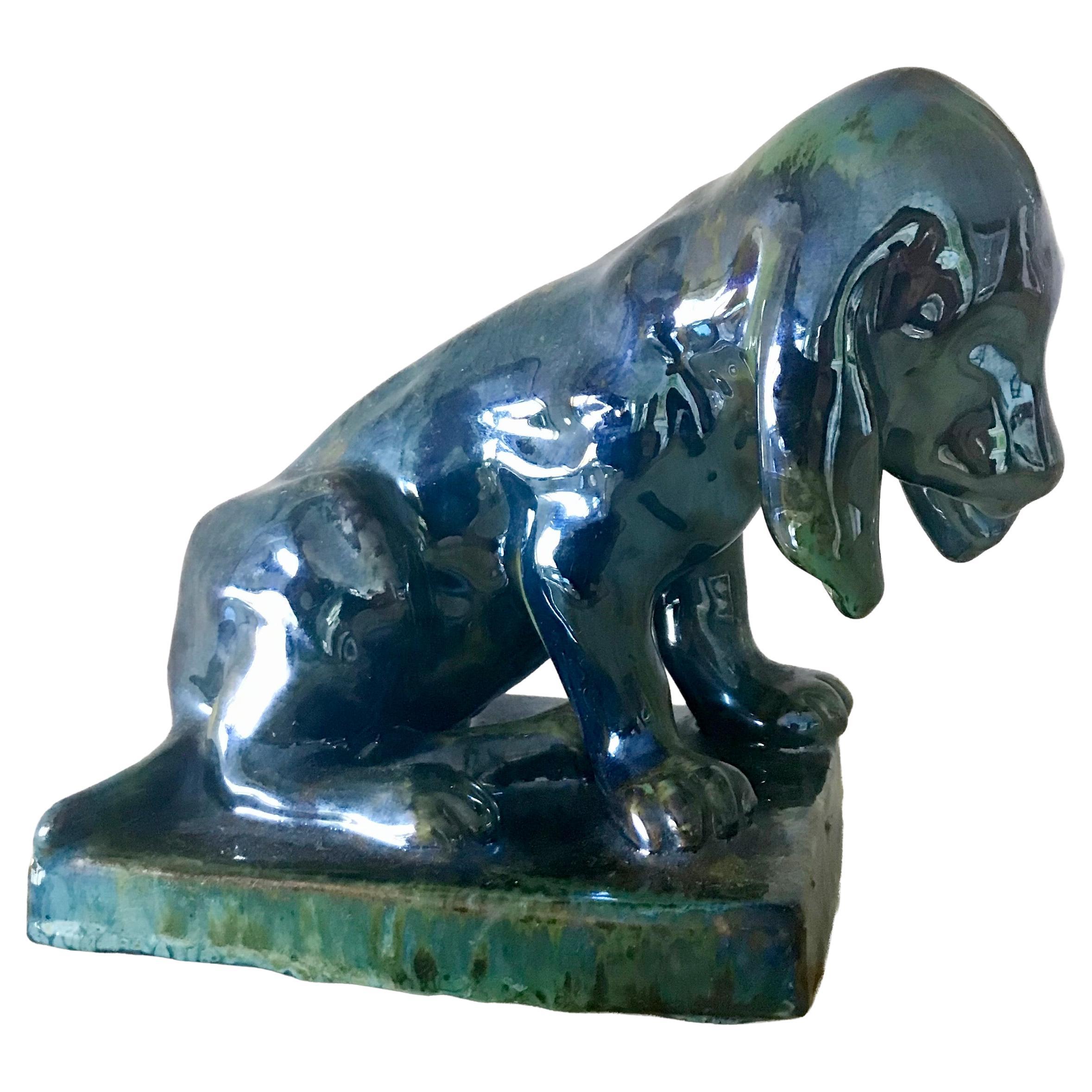 French Antique Pottery Art Nouveau Lustre Glaze Blue Green Dog Figure Sculpture For Sale