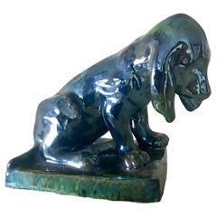 French Antique Pottery Art Nouveau Lustre Glaze Blue Green Dog Figure Sculpture