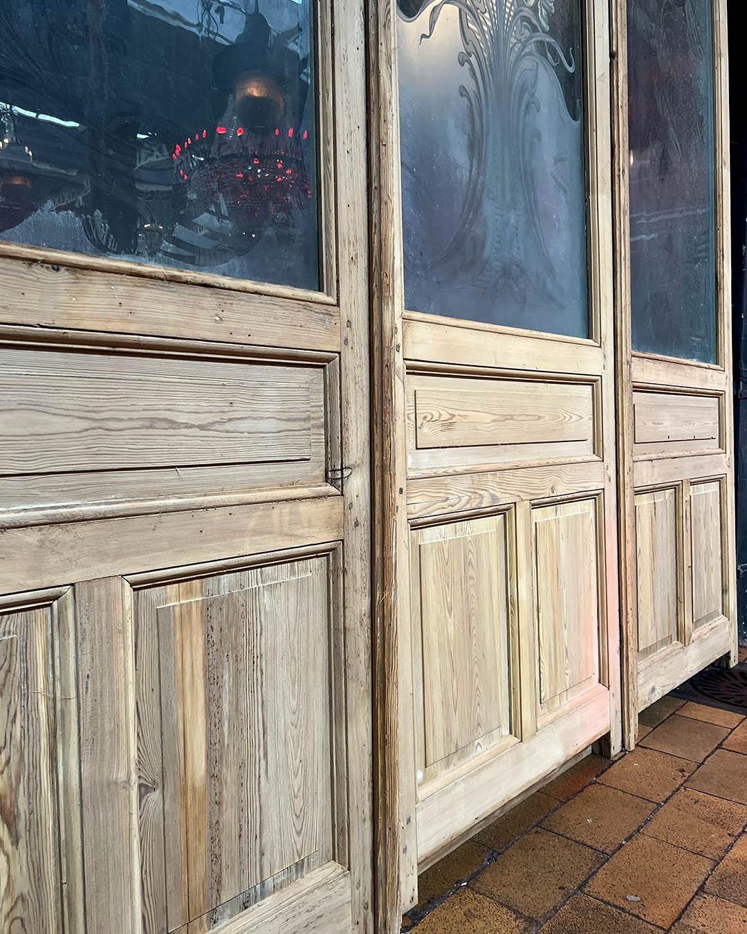 Glass French Antique Quadriptych Louvered Shutters with Carved Motifs, Early 20th Cent For Sale