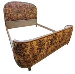 French Antique Queen Sized Frame Carved With Linen Fabric