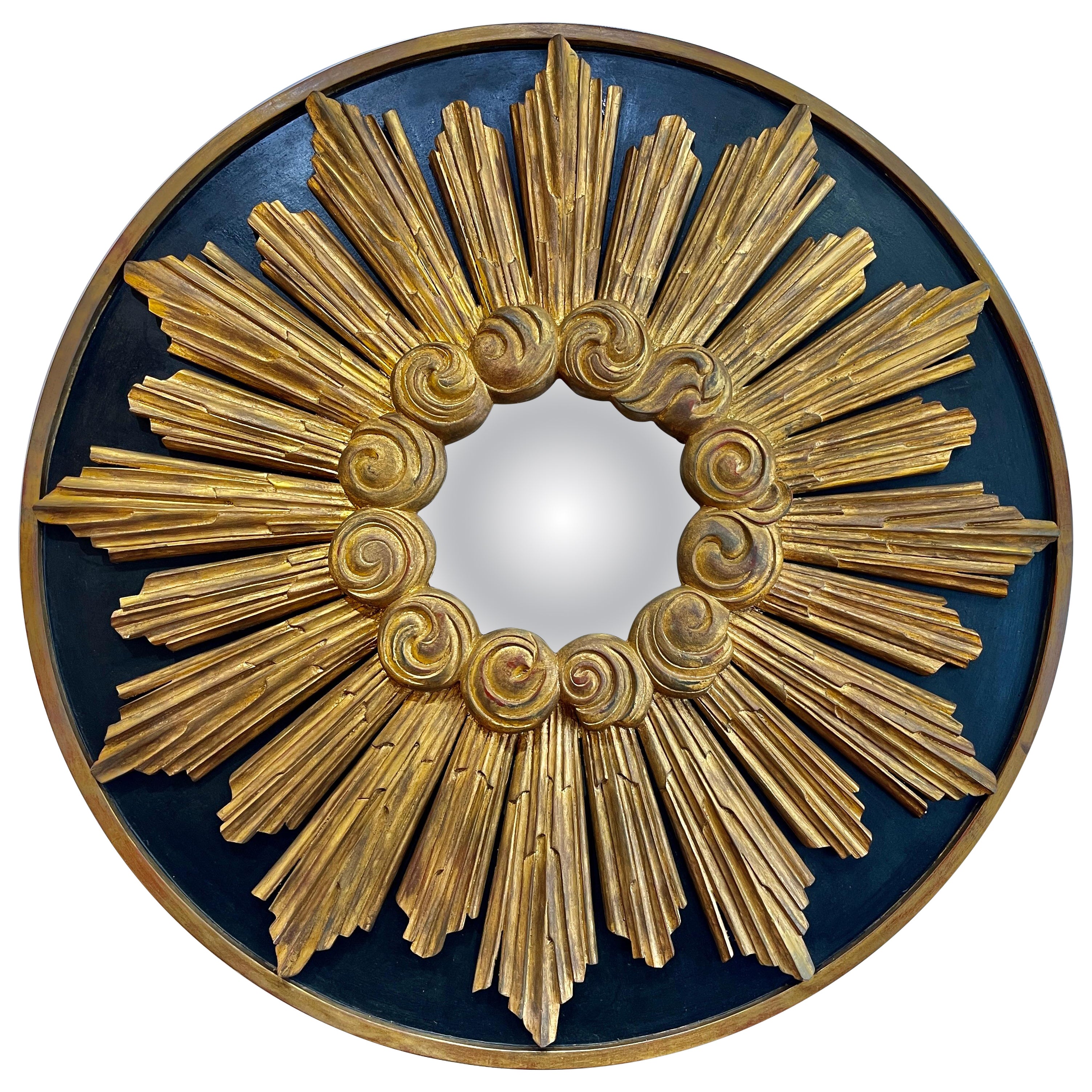 Antiguo espejo convexo francés de madera dorada, negro y dorado, años 20 en venta
