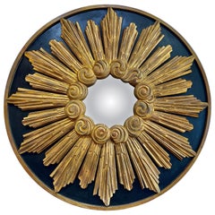 French Antique Rare Gilt Wood Black & Gold Sunburst Convex Mirror, 1920s