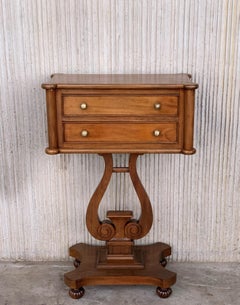 French Antique Regency Style Harp Side Table with Two Drawers