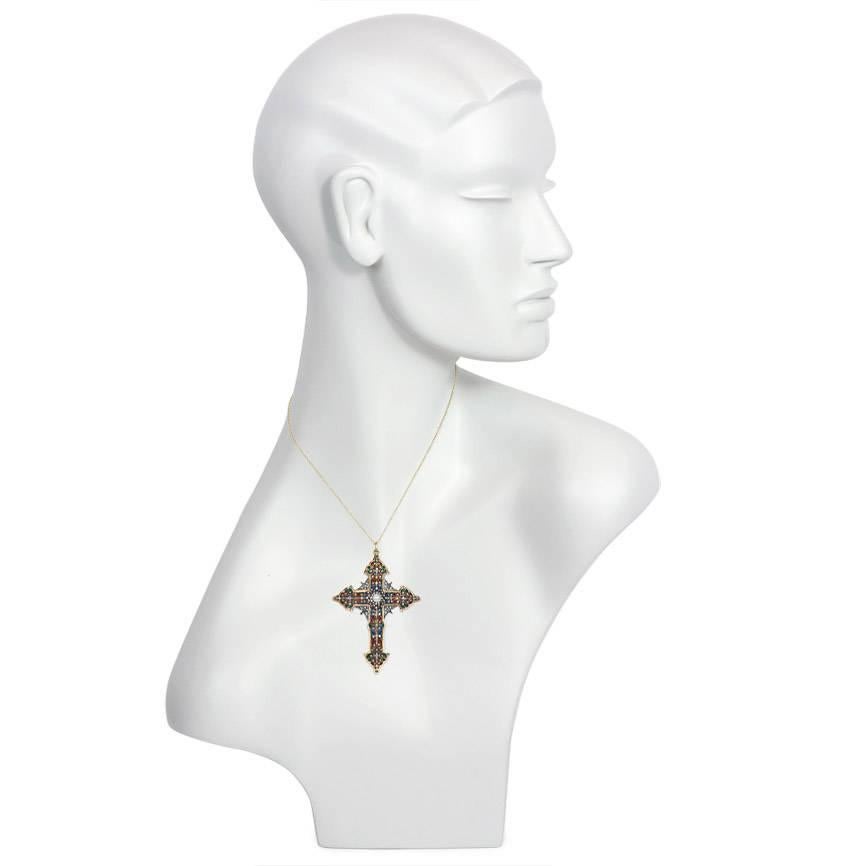 French Antique Renaissance Revival Enamel, Diamond and Pearl Cross Pendant In Excellent Condition In New York, NY