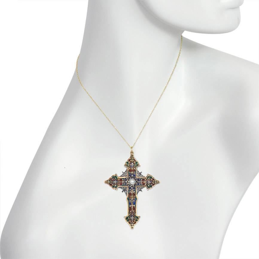 Women's or Men's French Antique Renaissance Revival Enamel, Diamond and Pearl Cross Pendant