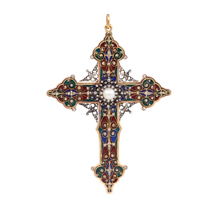 French Antique Renaissance Revival Enamel, Diamond and Pearl Cross Pendant