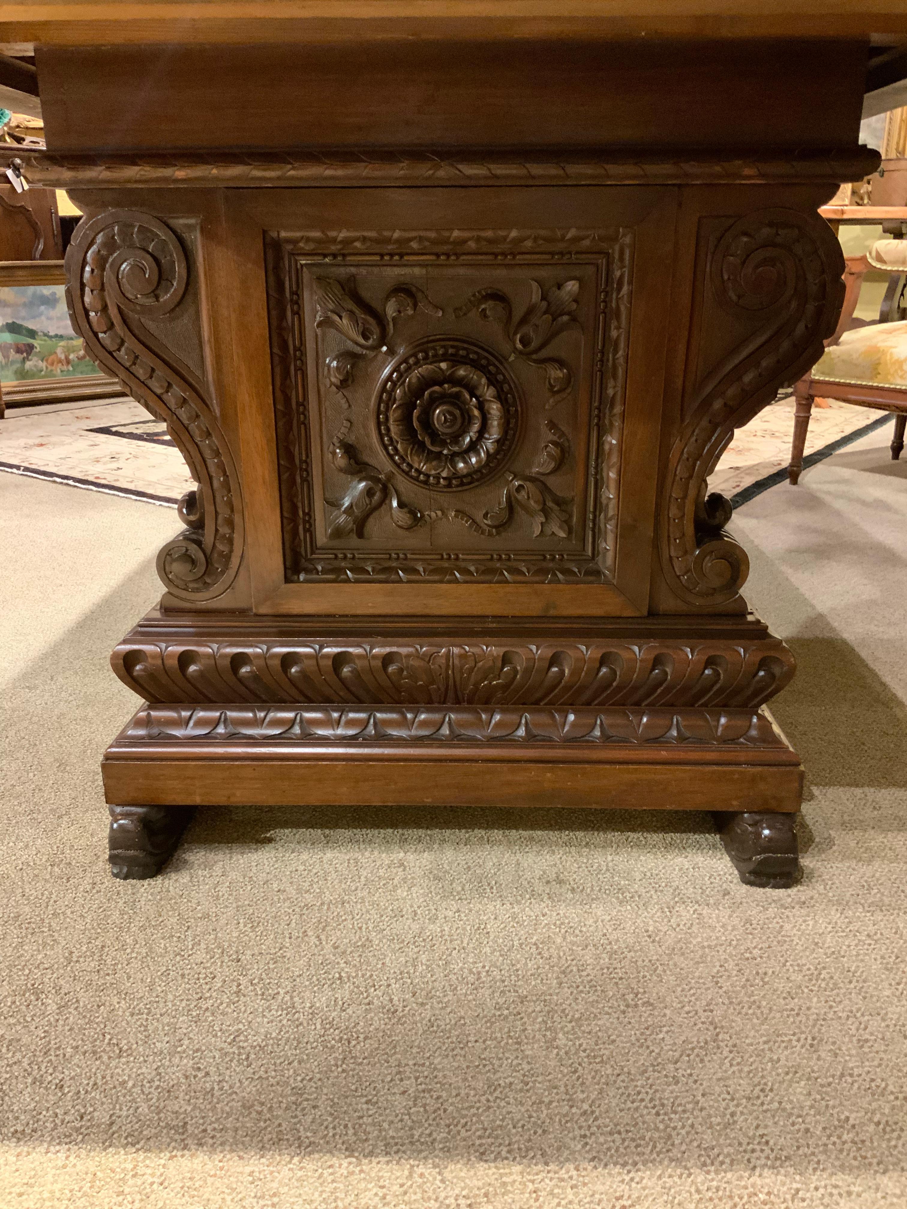 Hand-Carved French Antique Renaissance Style Console/Library Table, Carved Walnut