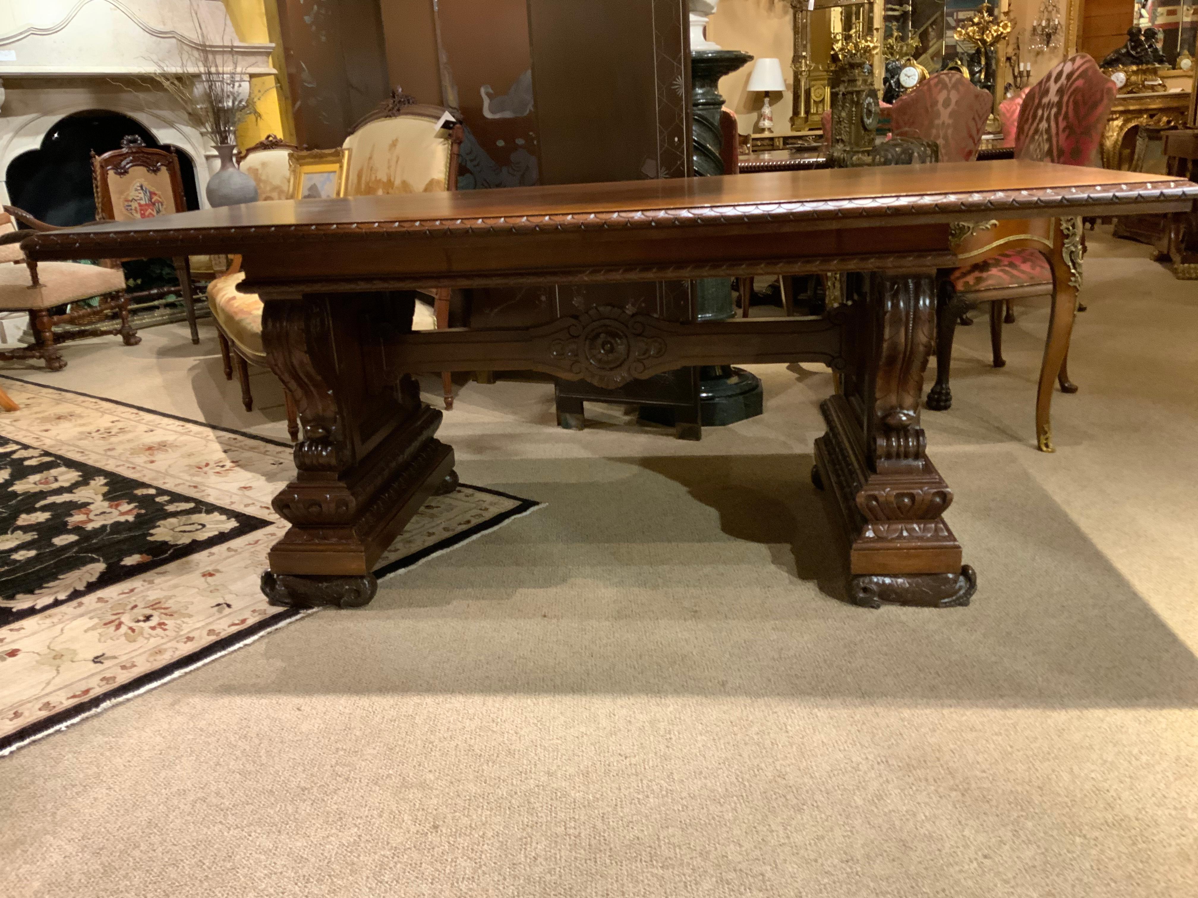French Antique Renaissance Style Console/Library Table, Carved Walnut In Good Condition In Houston, TX