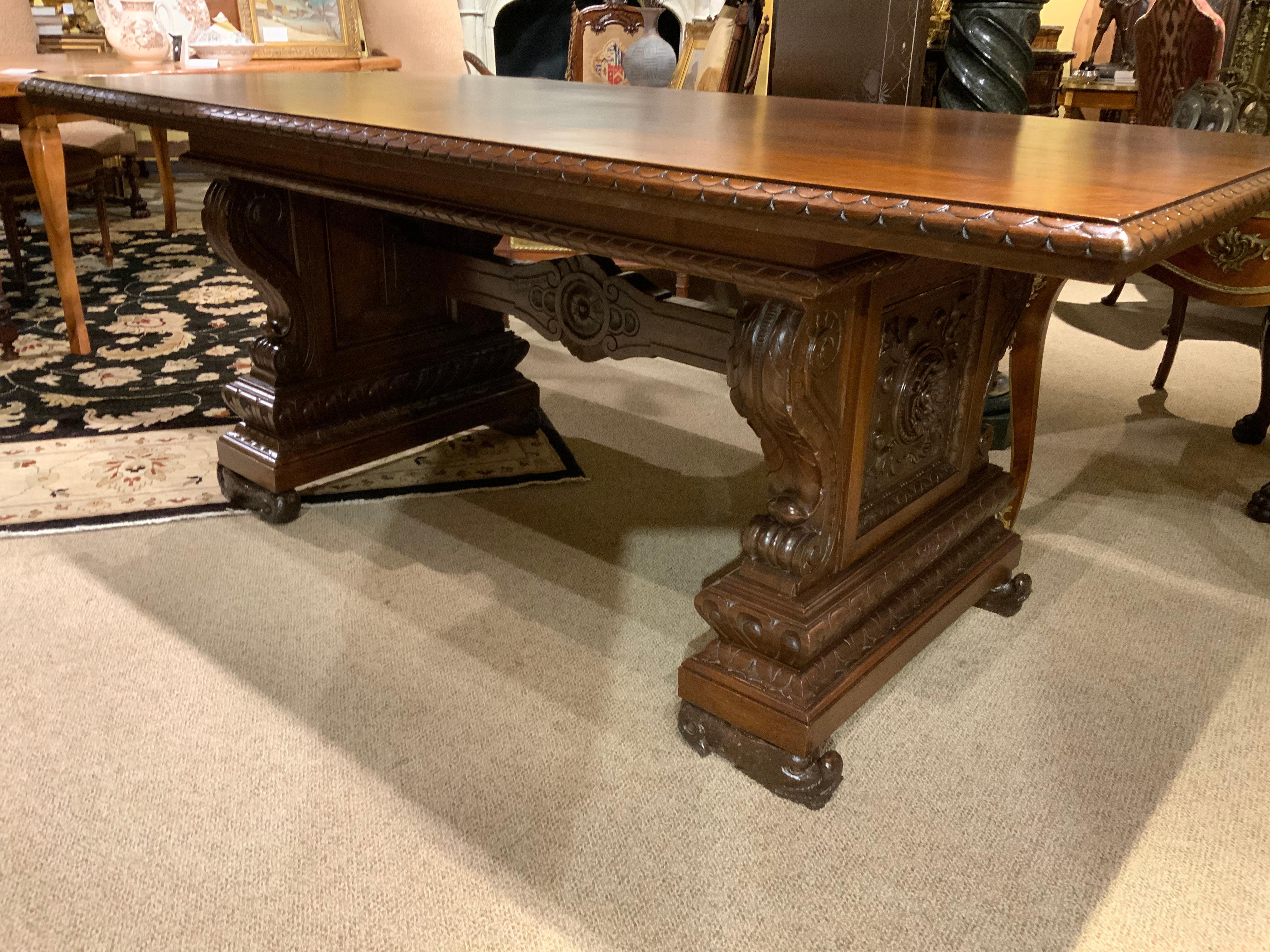 19th Century French Antique Renaissance Style Console/Library Table, Carved Walnut