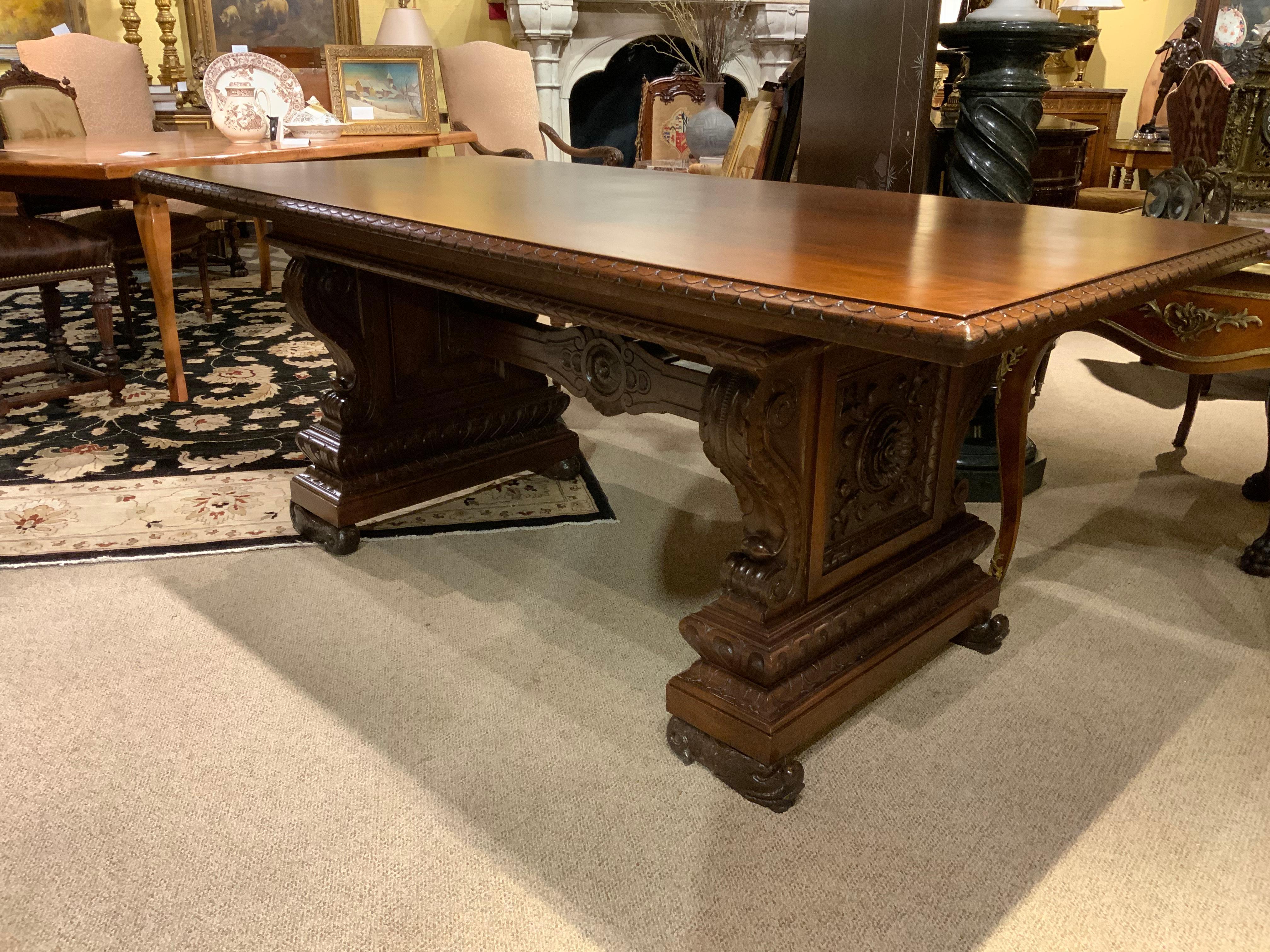 French Antique Renaissance Style Console/Library Table, Carved Walnut 1