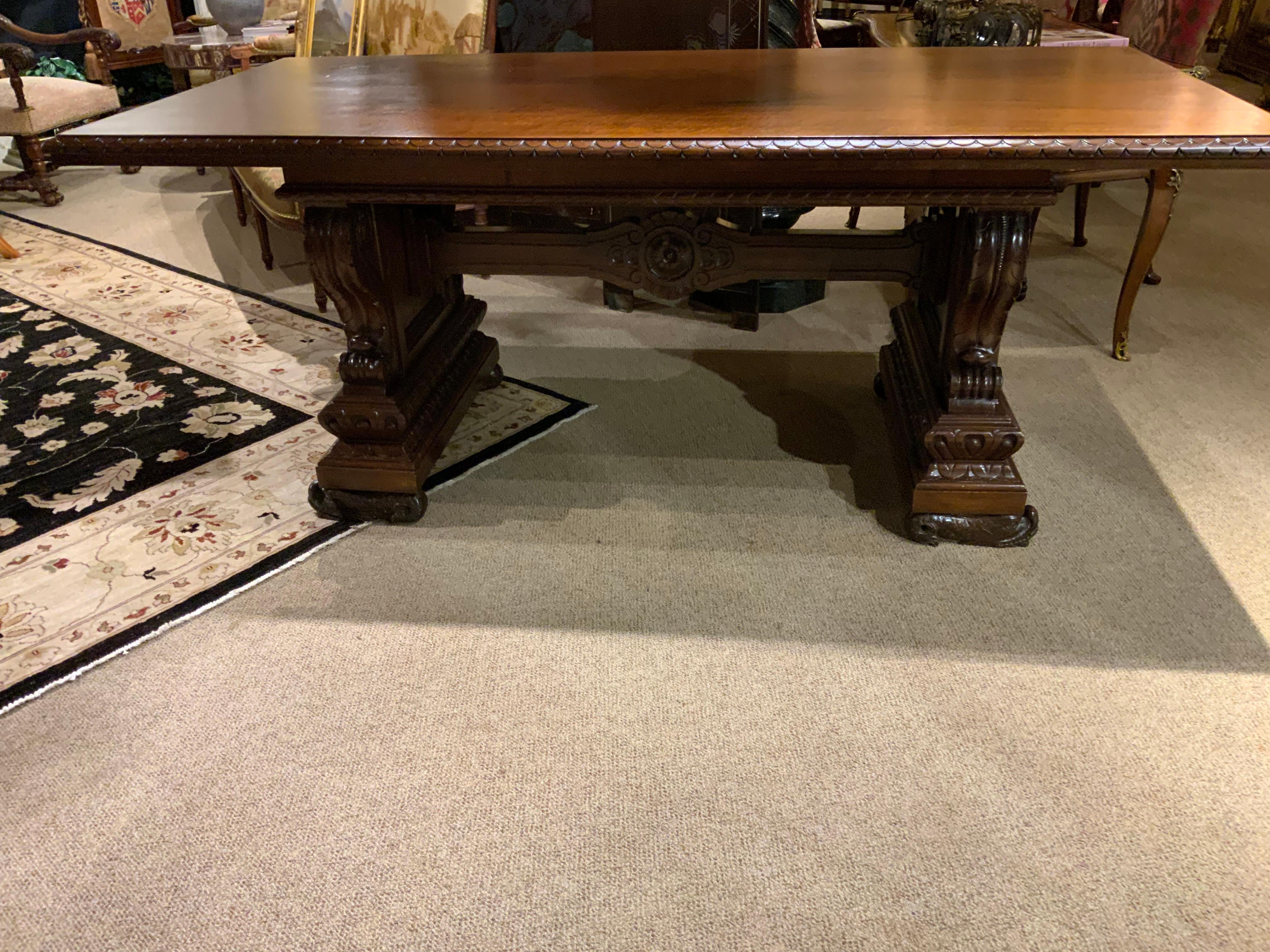 French Antique Renaissance Style Console/Library Table, Carved Walnut 2