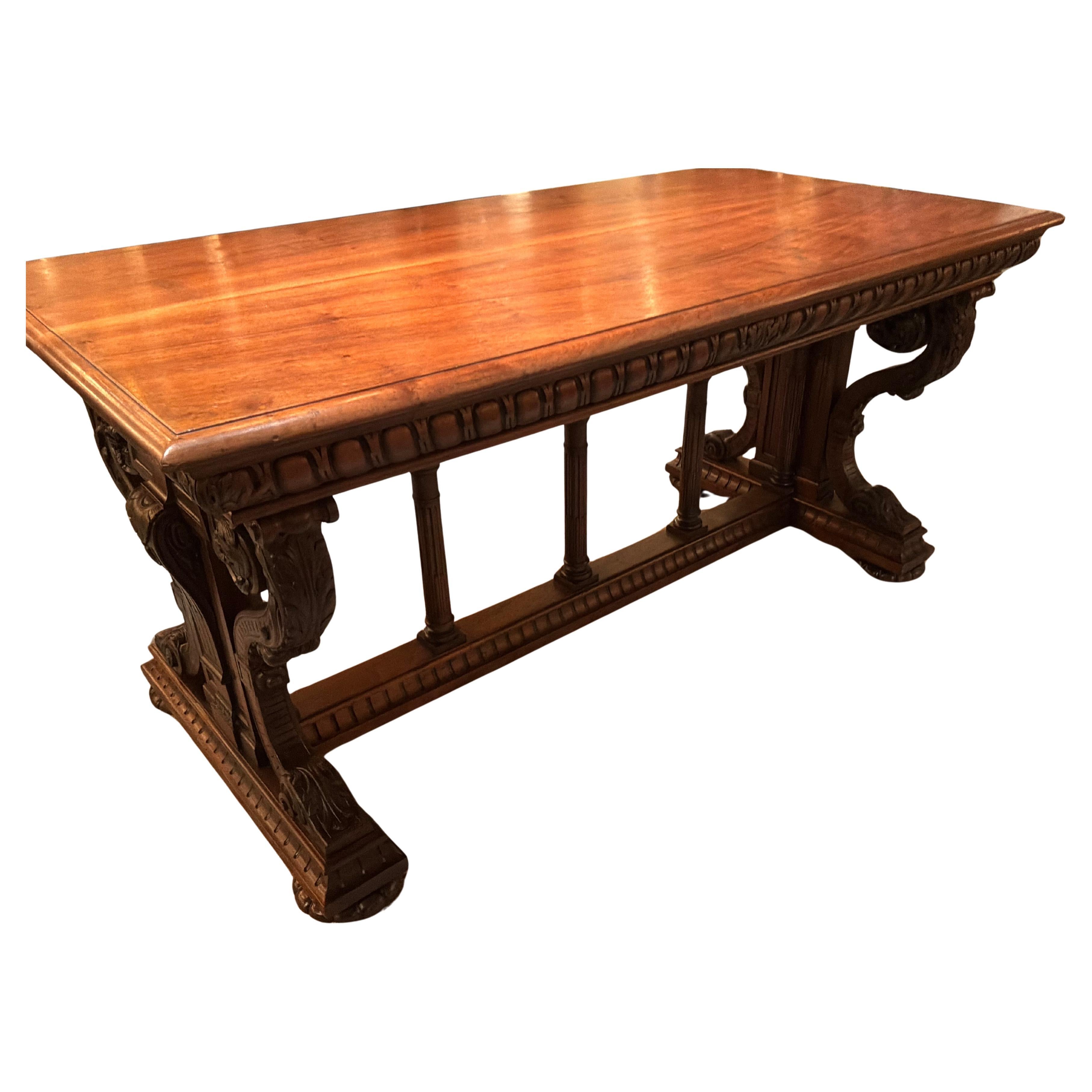 French antique Renaissance style table, hand carved walnut For Sale
