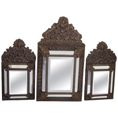 French Antique Repousse Metal Wall Mirrors Napoleon III Set of 3