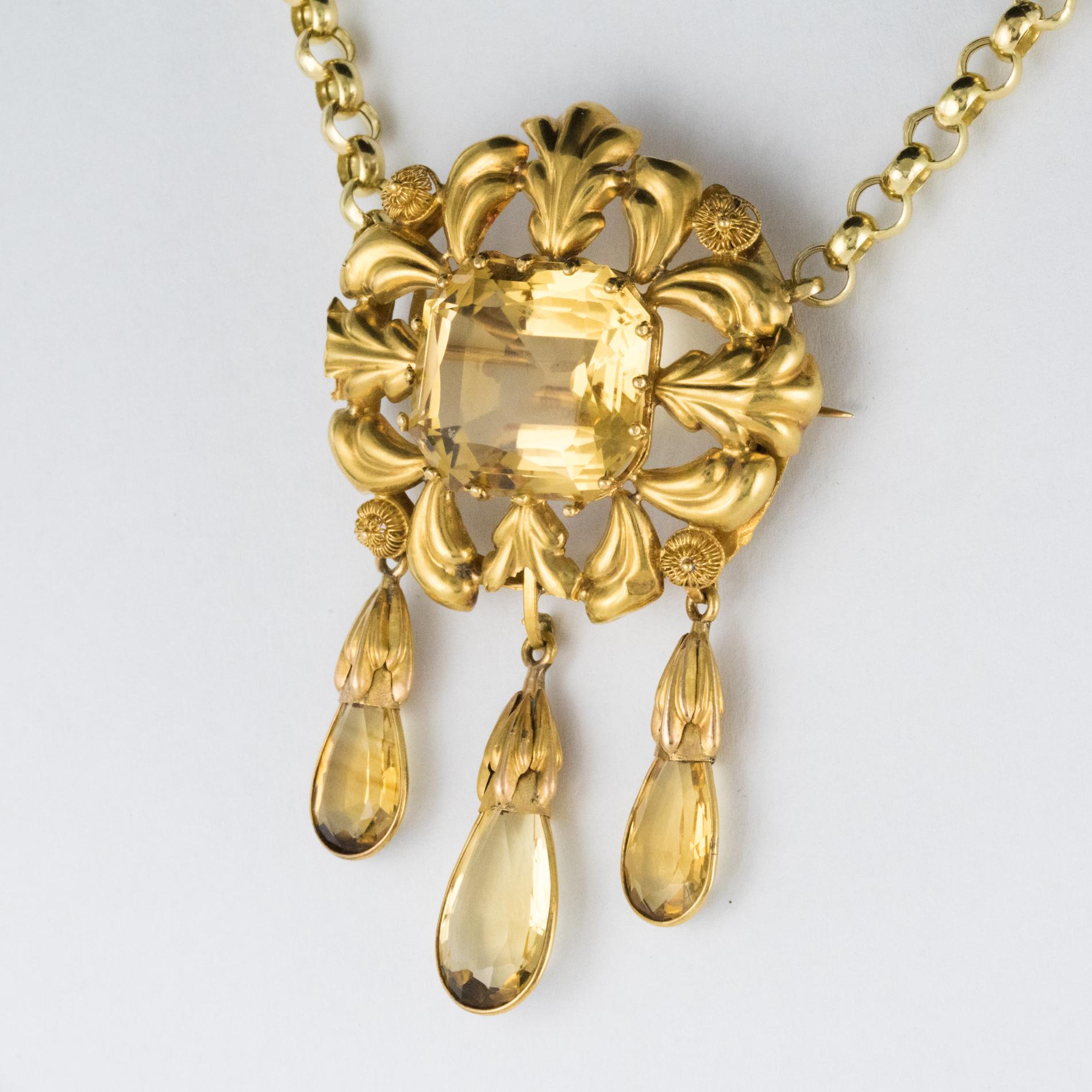 French Antique Romantic Citrine Gold Brooch Pendant In Good Condition In Poitiers, FR