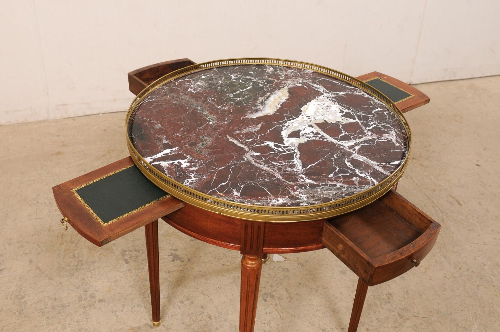 French Antique Round Cherry Wood Table W/Marble Top & Brass Gallery and Feet In Good Condition For Sale In Atlanta, GA