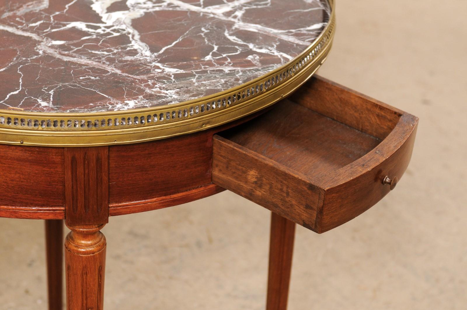 20th Century French Antique Round Cherry Wood Table W/Marble Top & Brass Gallery and Feet For Sale