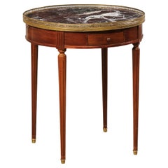 French Antique Round Cherry Wood Table W/Marble Top & Brass Gallery and Feet