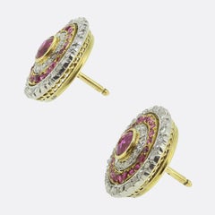 French Antique Ruby and Diamond Cluster Earrings