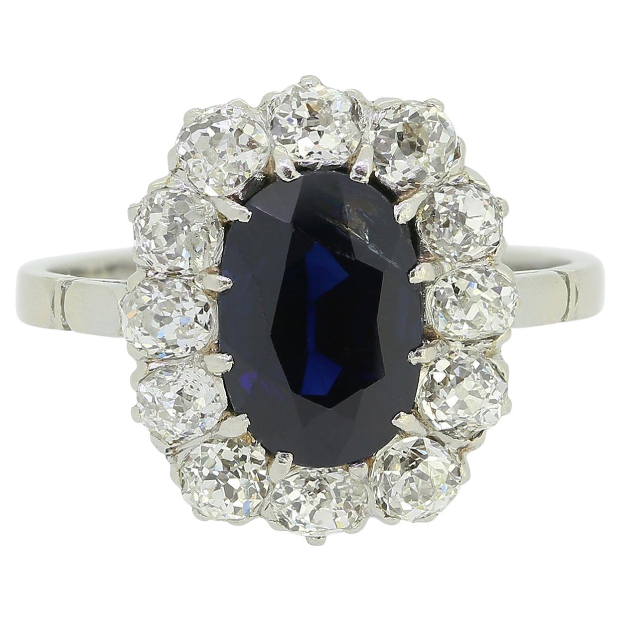 Anello a grappolo con zaffiro e diamante Antique French