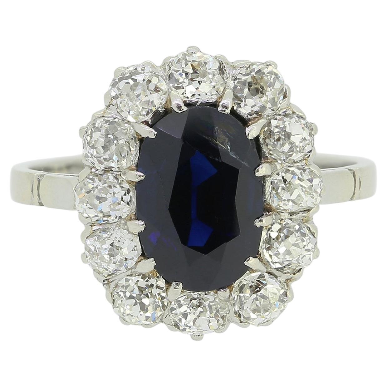 French Antique Sapphire and Diamond Cluster Ring For Sale
