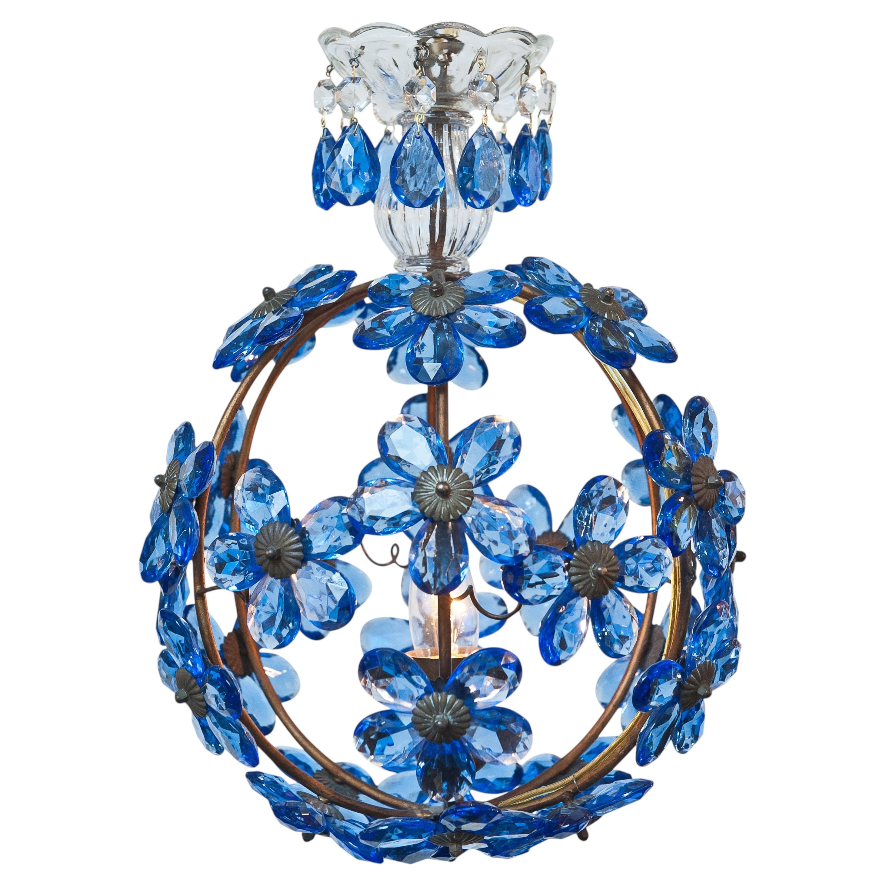 Araña francesa antigua de cristal azul zafiro, estructura de metal
