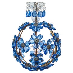 French Antique Sapphire Blue Crystal Chandelier, Metal Structure