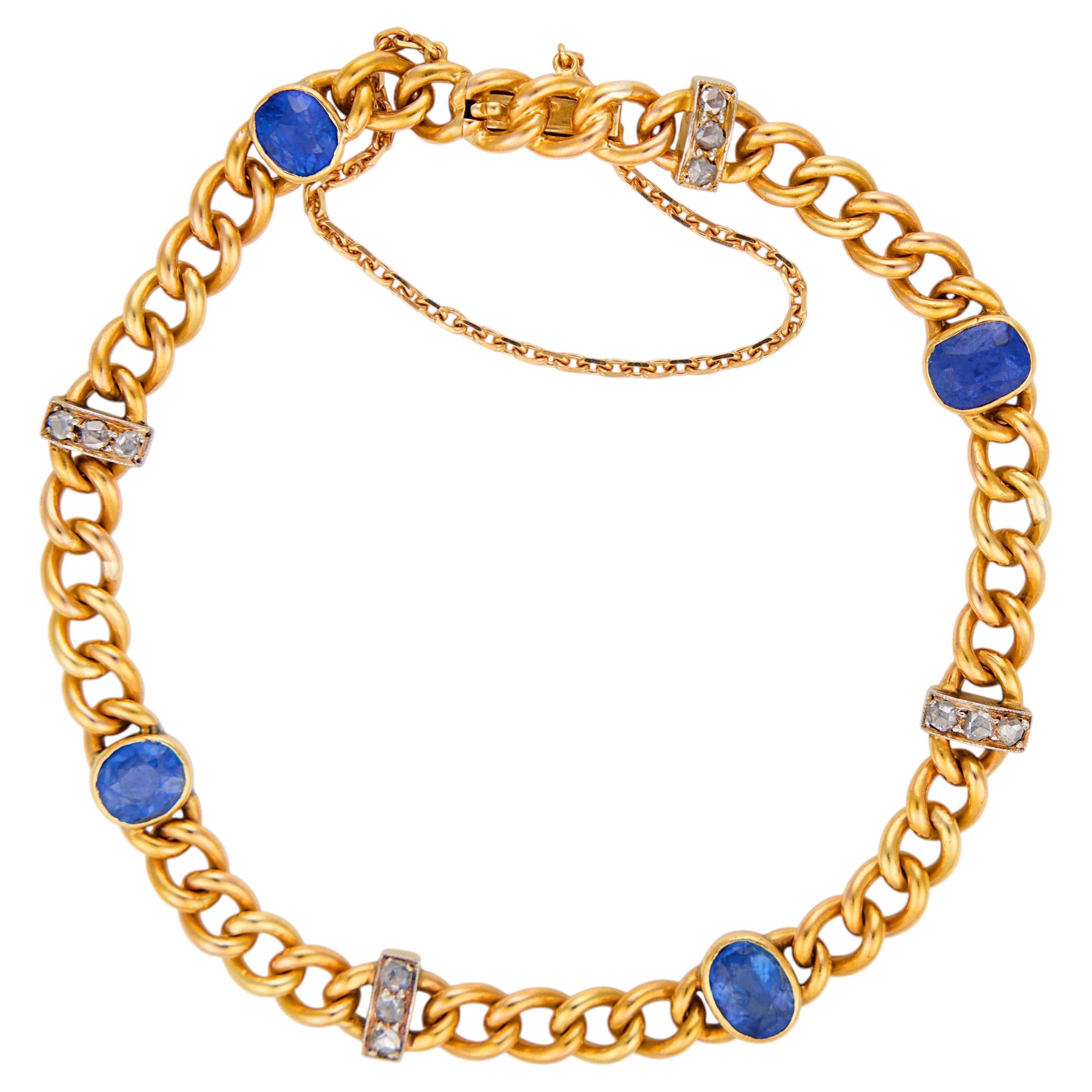 French antique sapphire diamond 18k yellow gold bracelet For Sale
