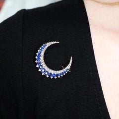 French Antique Sapphire Diamond and Silver Upon Gold Crescent Brooch, Circa 1890