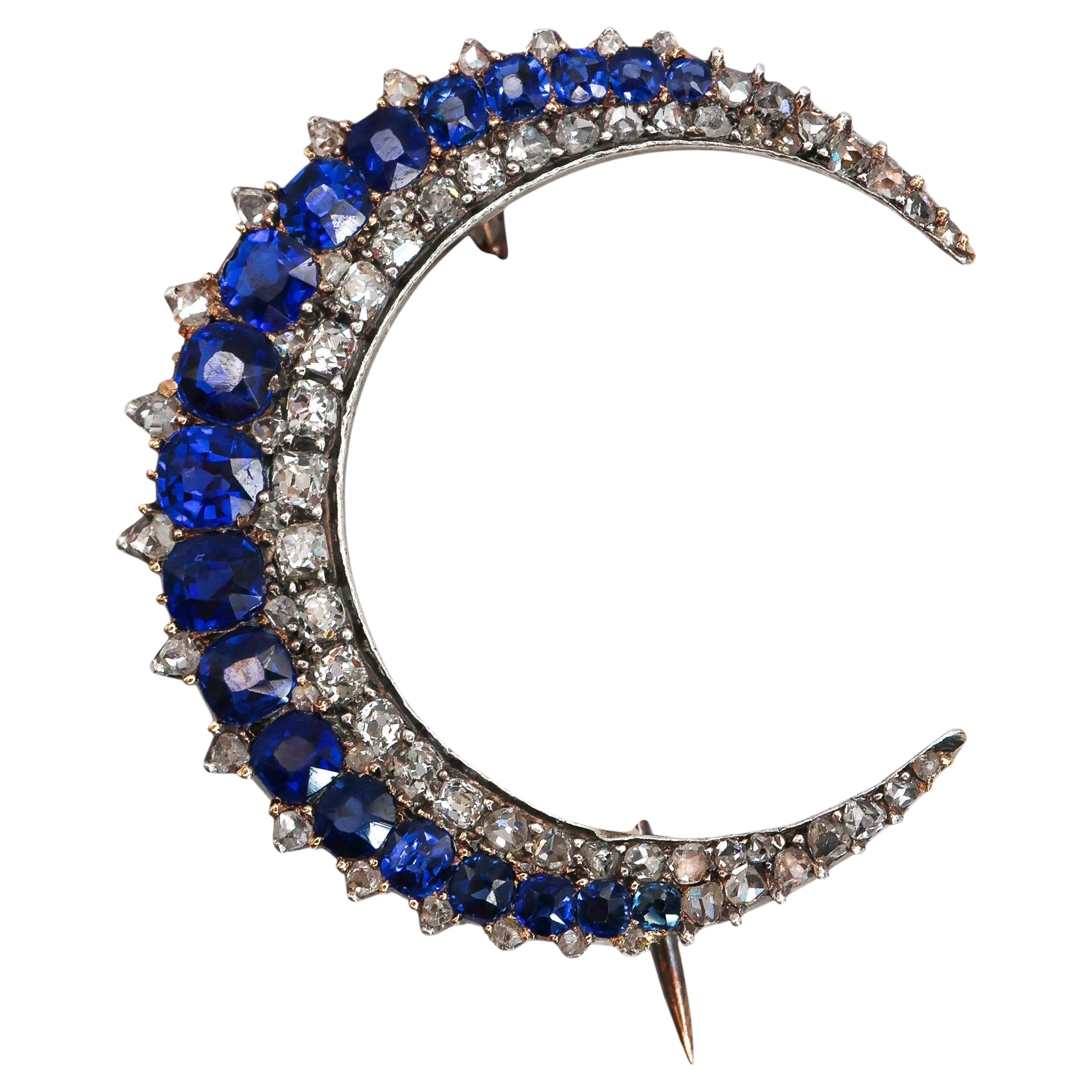 Antique French Saphir Diamant et Broche Croissant en Argent et Or, Circa 1890