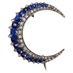 French Antique Sapphire Diamond and Silver Upon Gold Crescent Brooch, Circa 1890