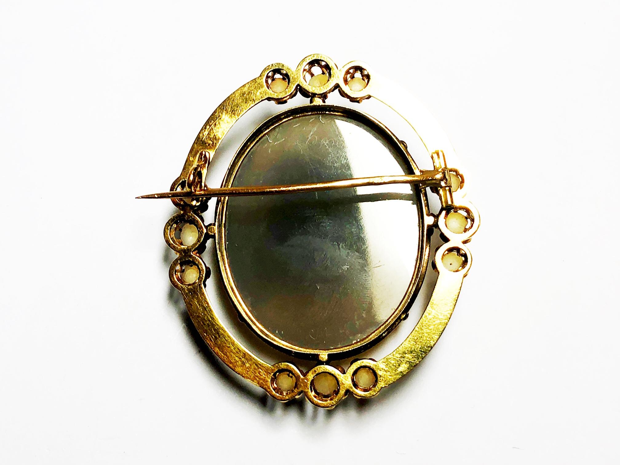 Rose Cut French Antique Sardonyx, Pearl, Enamel and Gold Cameo Brooch For Sale
