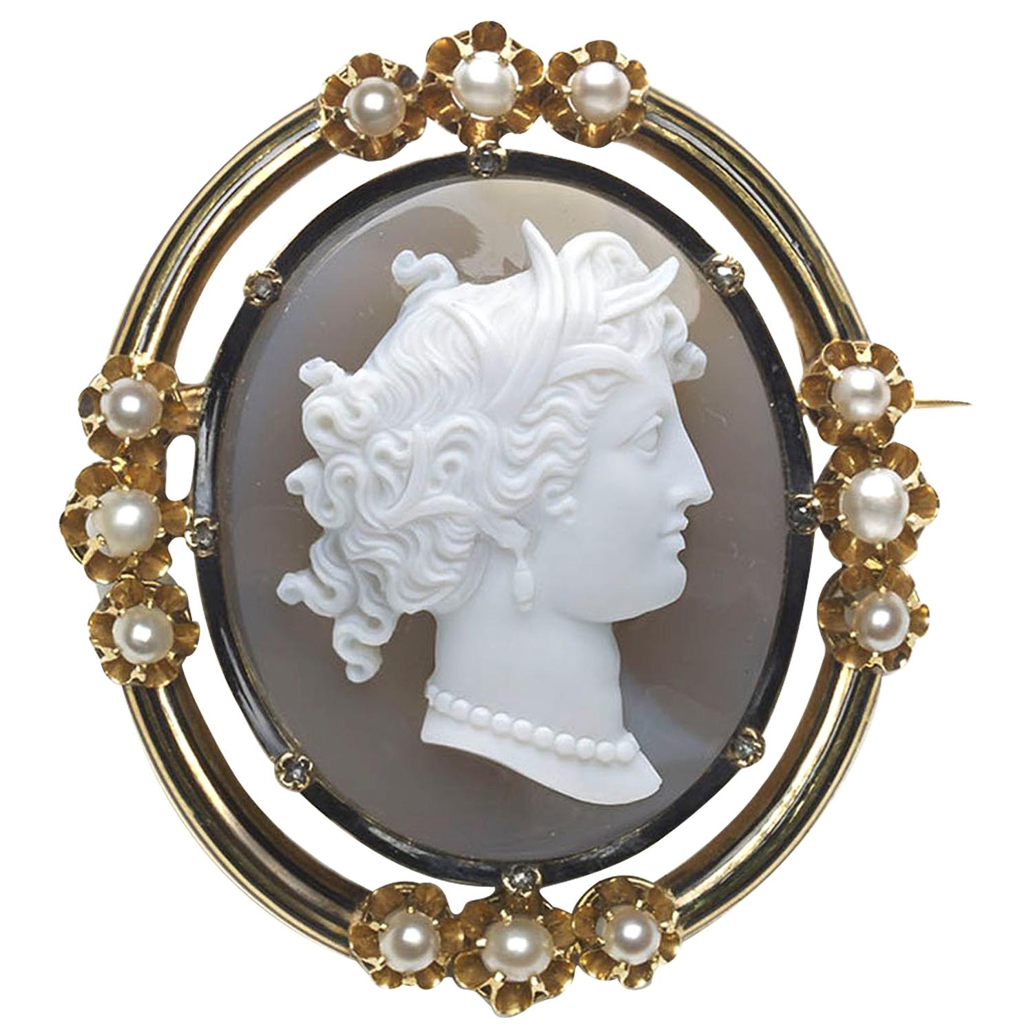 French Antique Sardonyx, Pearl, Enamel and Gold Cameo Brooch