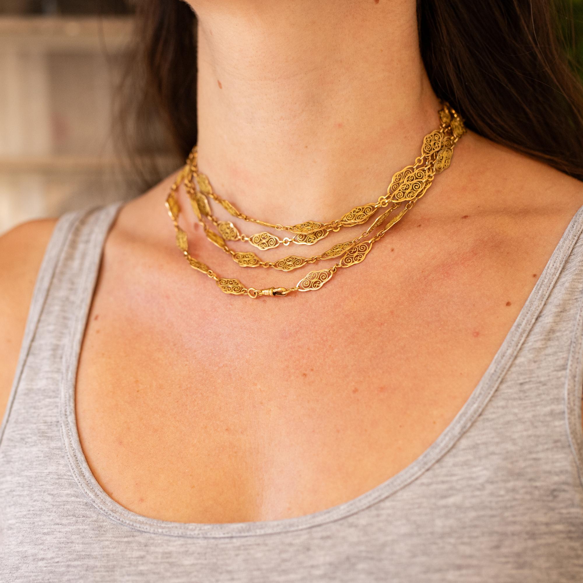 French Antique Sautoir - 18K solid gold Victorian chain Necklace - 61 inch In Good Condition In Antwerp, BE