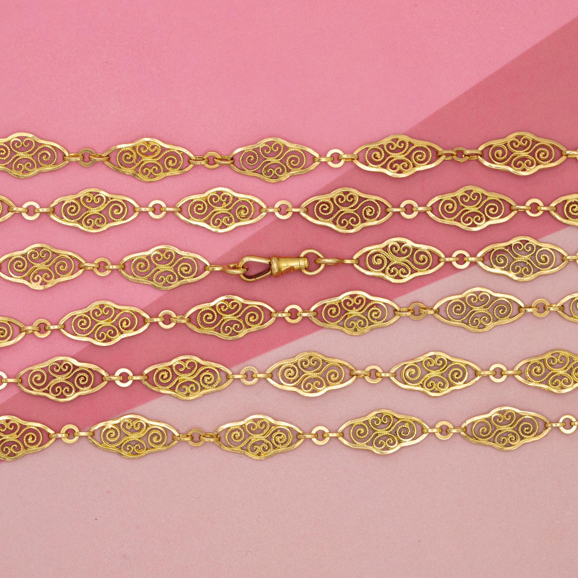 Women's or Men's French Antique Sautoir - 18K solid gold Victorian chain Necklace - 61 inch