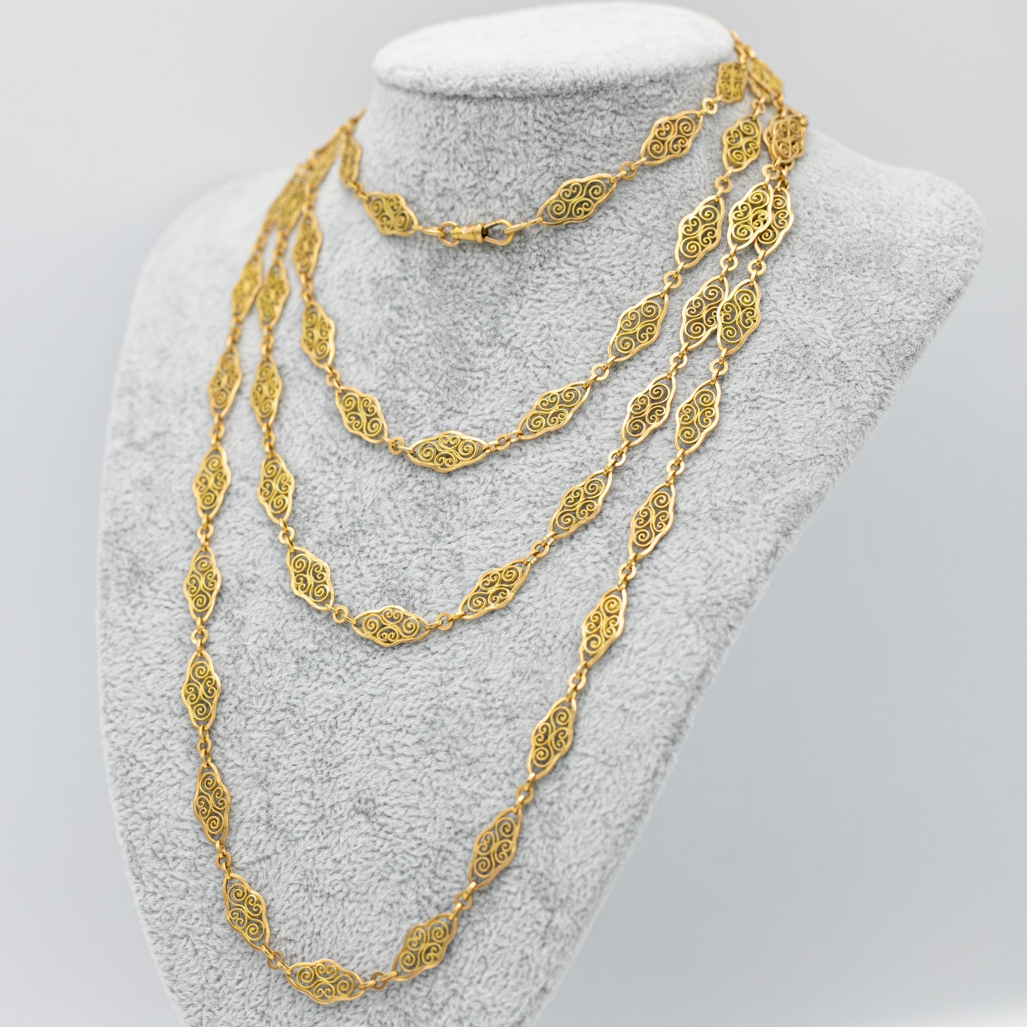 French Antique Sautoir - 18K solid gold Victorian chain Necklace - 61 inch 7
