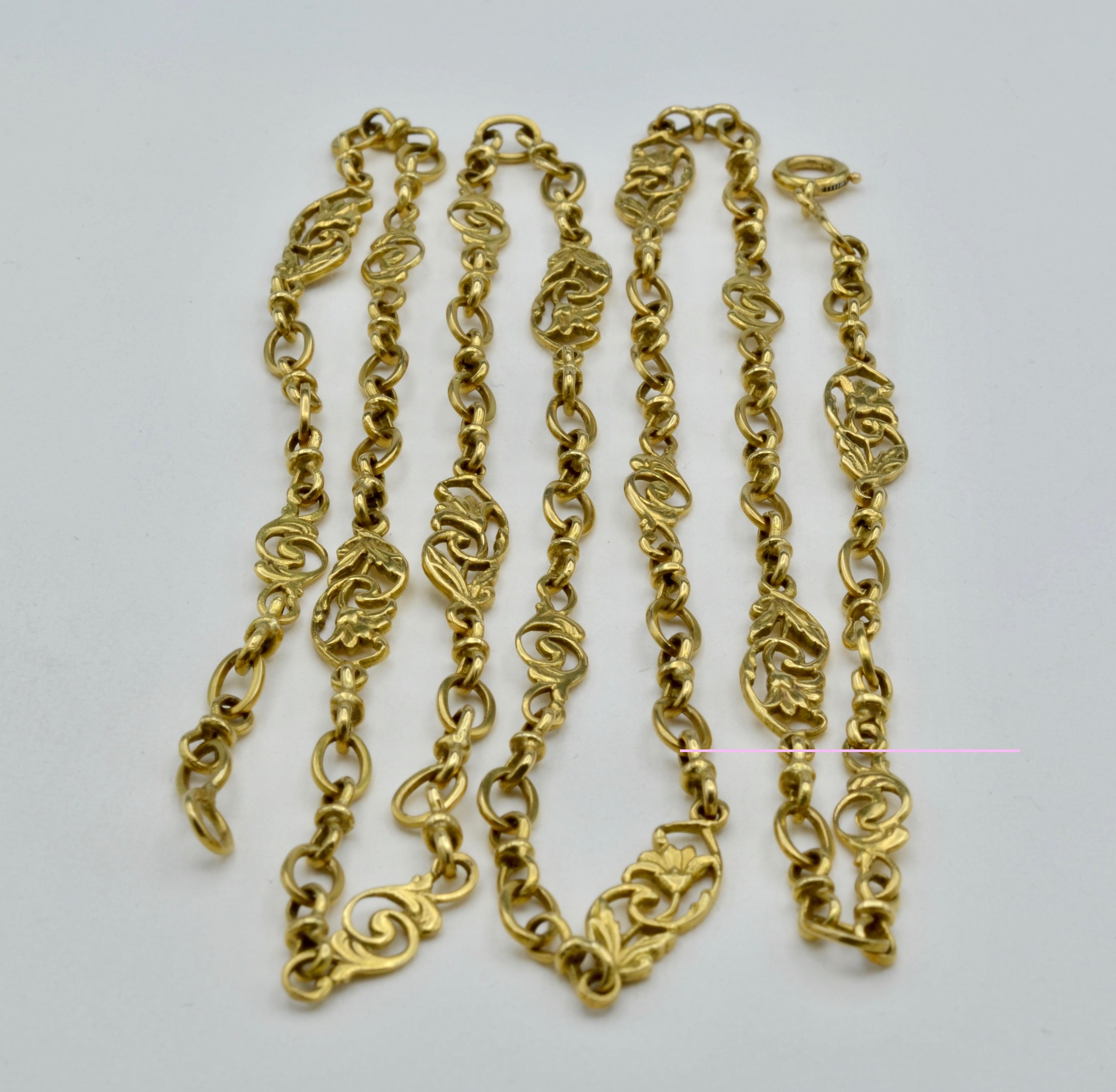 Women's or Men's French Antique Sautoir Yellow Gold Chain Link Necklace with Lillies and Vines