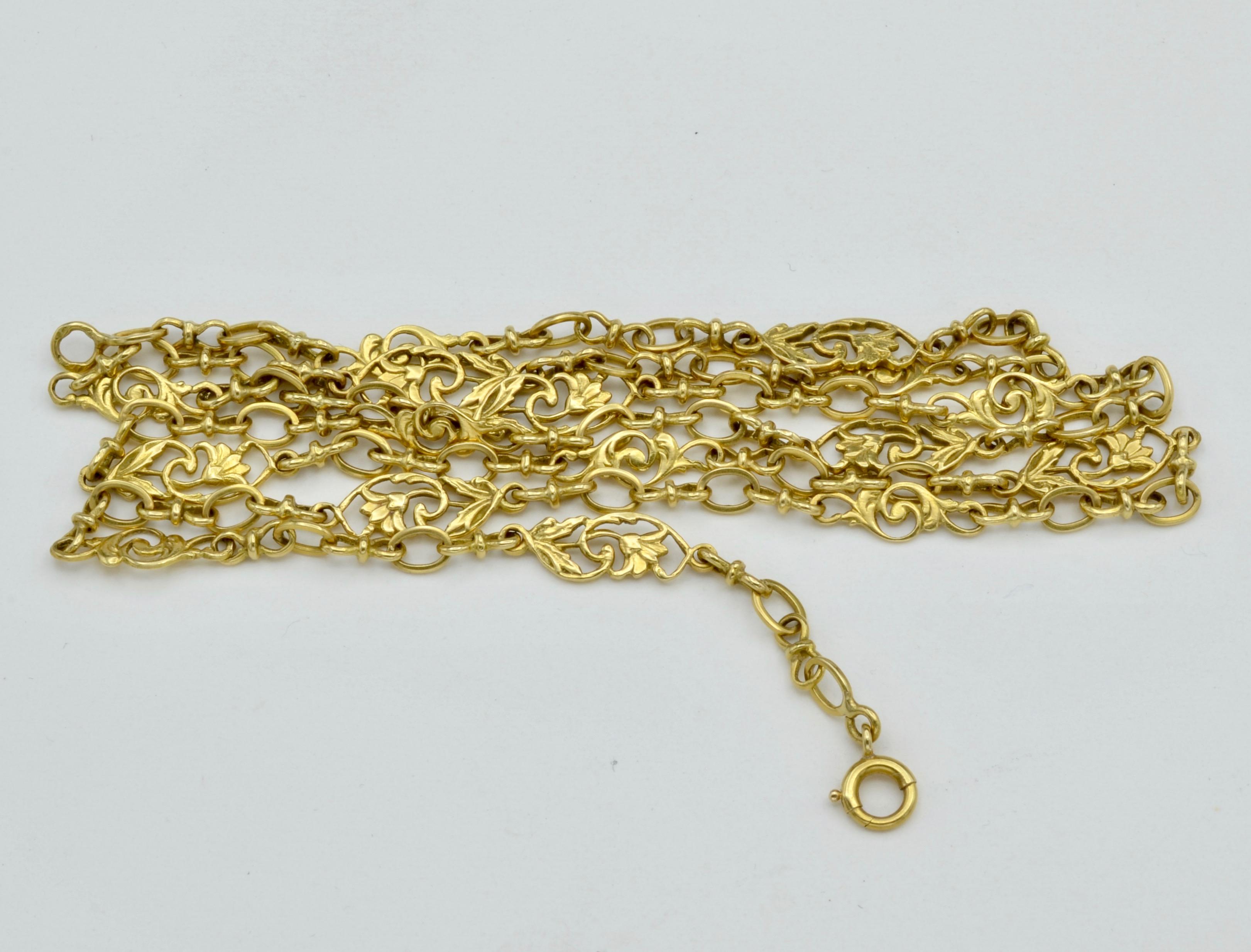 French Antique Sautoir Yellow Gold Chain Link Necklace with Lillies and Vines 1