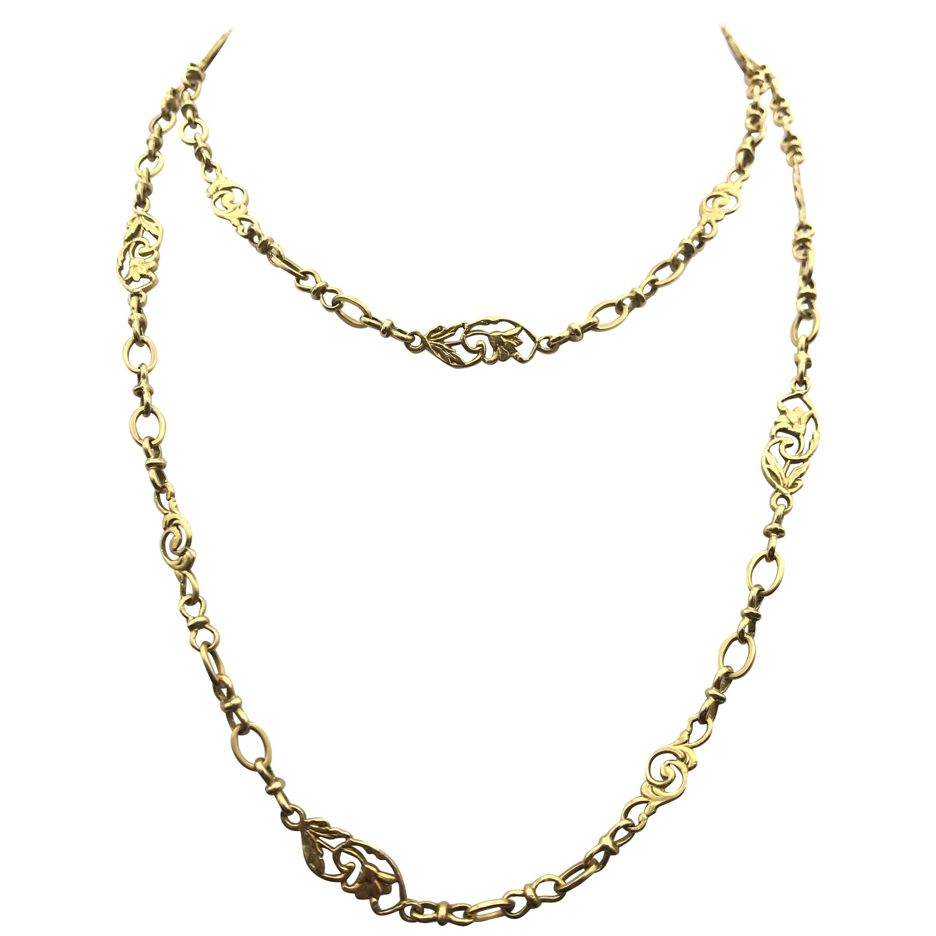 French Antique Sautoir Yellow Gold Chain Link Necklace with Lillies and Vines